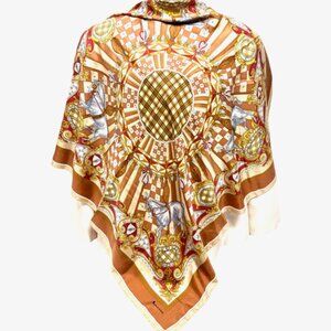 Vintage Aquascutum London Silk Scarf Satin 34" brown beige carousel horses  (73